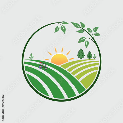 Circular emblem of a vibrant green farm landscape with rolling hills and a rising sun