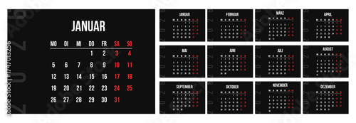 Black Germany 2026 calendar set of template monthly horizontal pages. Minimalist planner week start on Monday. Deutsch Kalendar