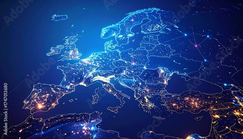 Europe's illuminated borders.  A digital map of Europe, highlighted by the glow of cities.  Detailed outlines of countries and illuminated urban areas.  A dark blue background enhances the light