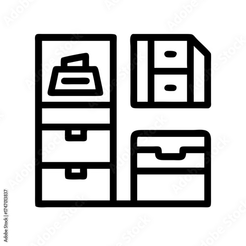 Outline illustration of a filing cabinet and a drawer