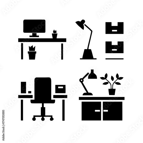 Office setup, including desk, computer, and storage