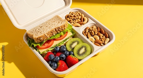 Healthy lunchbox with sandwich, nuts, kiwi, strawberries on yellow table