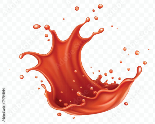 abstract 3d red tomato juice or ketchup sauce splashes in different style isolated on transparent background