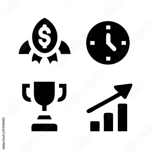 Business success icons representing achievement, time management