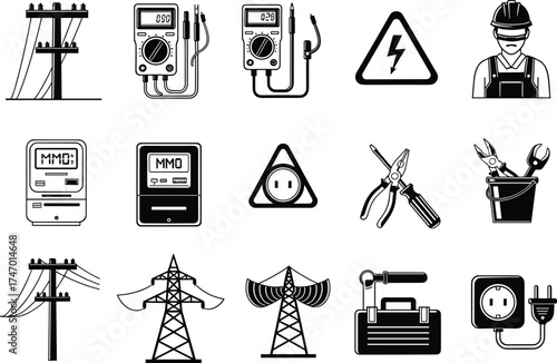 Electric Utility Icons Set – Vector Symbols of Power Lines, Tools, Safety Equipment, Multimeters, Transmission Towers, Electrical Outlets, and Utility Workers