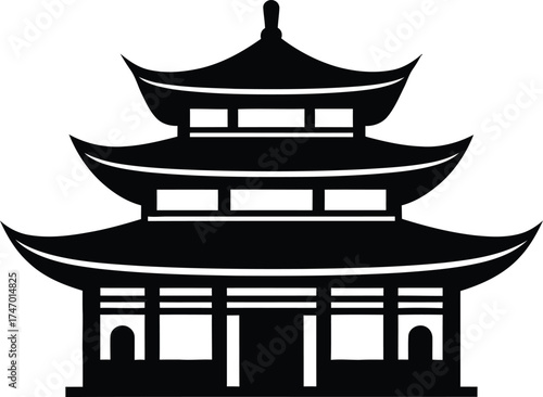 Black and White Pagoda Silhouette Graphic Illustration