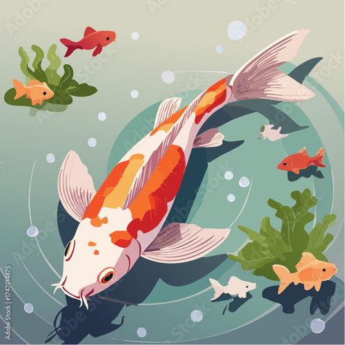 Koi fish swimming with goldfish and plants