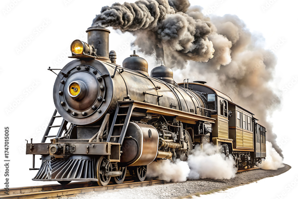 Fototapeta premium A vintage steam train puffing smoke as it travels down the railroad tracks, isolated on transparent background.png