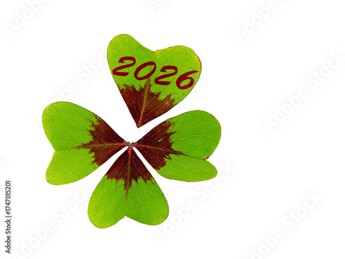 Glücksklee mit der Aufschrift 2026 vor weißem Hintergrund
