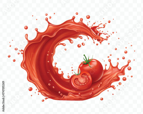 abstract 3d red tomato juice or ketchup sauce splashes in different style isolated on transparent background