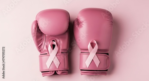 Two pink boxing gloves with breast cancer awareness ribbons on pink back