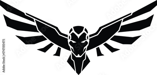 Futuristic hero with wings black and white emblem