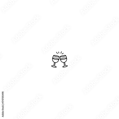 Vector art of a simple, minimalist black and white line drawing of two wine glasses clinking together in a toast, isolated on a