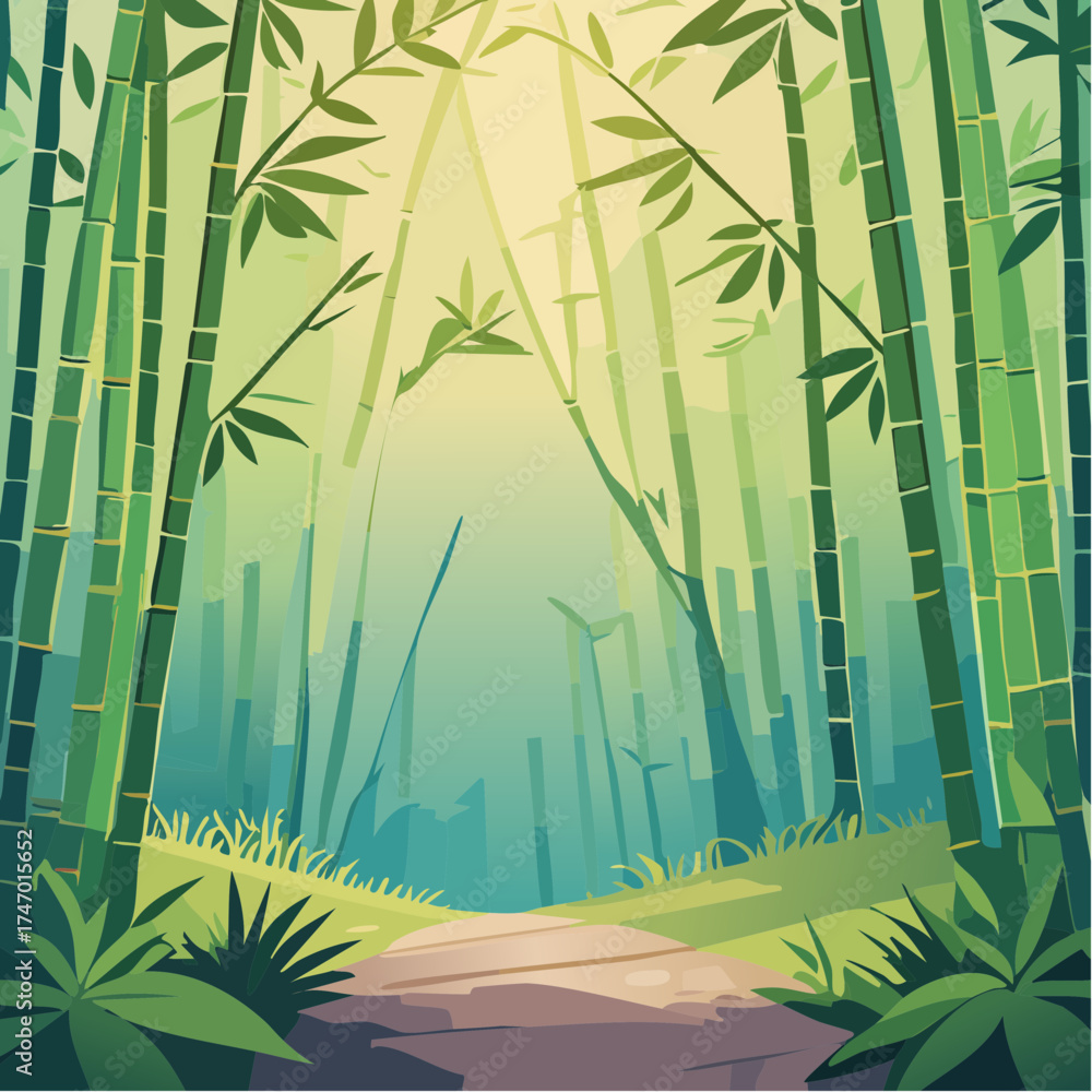Naklejka premium Bamboo forest path with sunlight filtering through trees