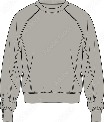 fashion, apparel, garment, clothing, sweatshirt, pullover, top, knitwear, illustration, sketch, vector, design, template, outline, pattern, textile, fabric, crewneck, raglan, ribbed, cuffs