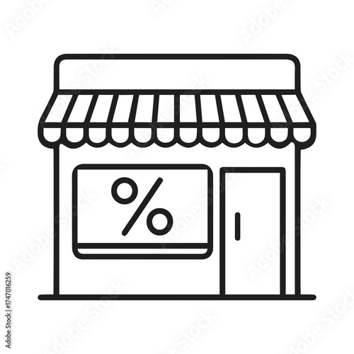 Vector art of storefront with a percentage sign, representing sales and discounts