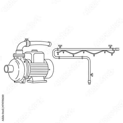 Line Art Illustration of a Water Pump and Sprinkler System Components Keywords: water pump, motor, pipe