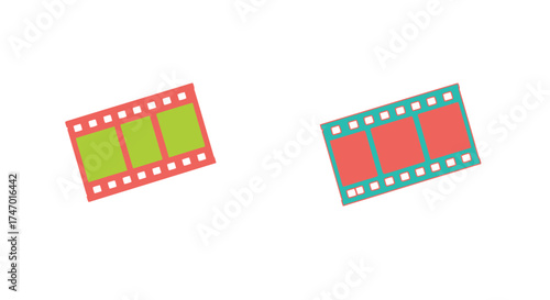Two film strips with colorful frames and rectangular image areas