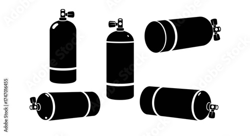Black silhouette icons representing scuba diving tanks in varied positions