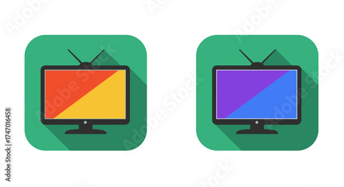 Two television icons with vibrant screen displays on a green background