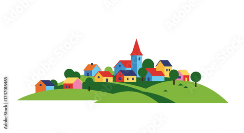 Colorful village illustration with a red steeple and green rolling hills