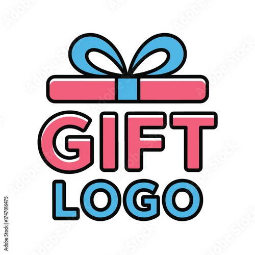 Pink and blue gift box logo with text gift logo present ribbon
