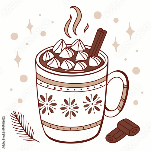 Hot chocolate mug with marshmallows and cinnamon stick