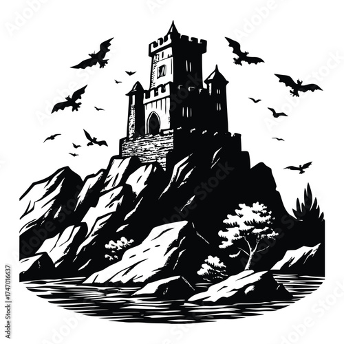 Mysterious Castle Silhouette Illustration with Bats, Landscape and Rocky Terrain on White Background