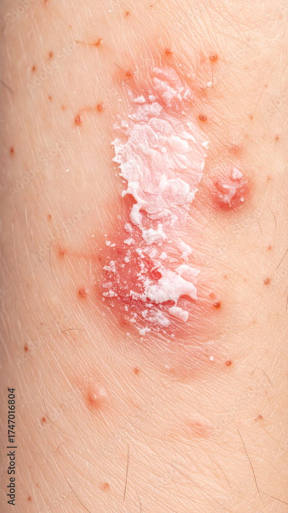 Fototapeta premium Eczema close up skin: Close up unveils raw texture of skin eczema, revealing its discomfort, leaving desire for soothing and healing touch