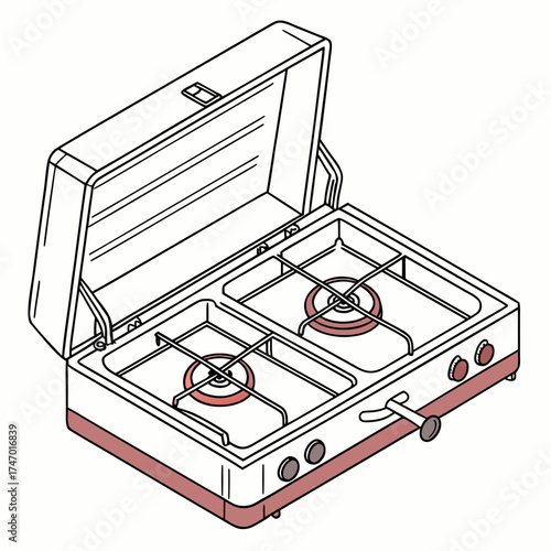 Isometric collapsible camping stove with two burners