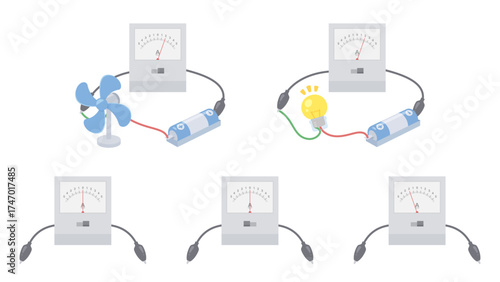 簡易検流計にプロペラまたは豆電球をつないだイラスト素材セット