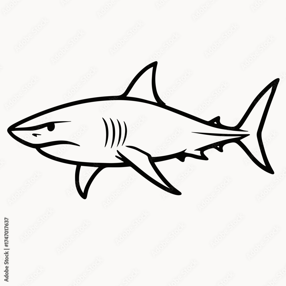 Obraz premium Cartoon shark illustration in black outlines on white background 