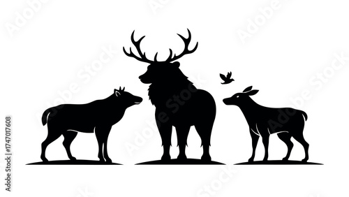 Wild animal silhouettes deer wolf bear forest