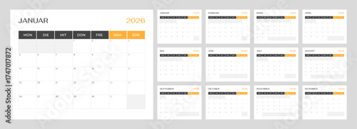 Germany 2026 year calendar planner template set horizontal pages black and yellow design. Kalender deutsch Wall or Desk Jahresplaner. Week start on Monday