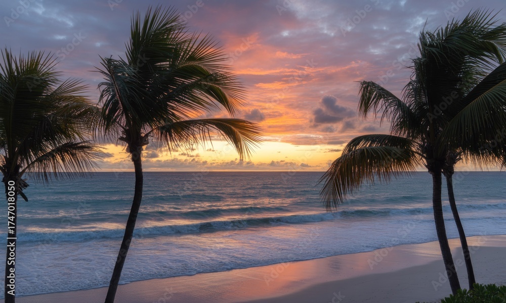 Fototapeta premium Tropical sunset over calm ocean with palm trees