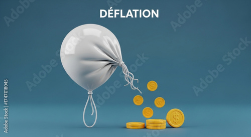 Deflation concept showing a deflated balloon with coins falling out, representing the decrease in the general price level of goods