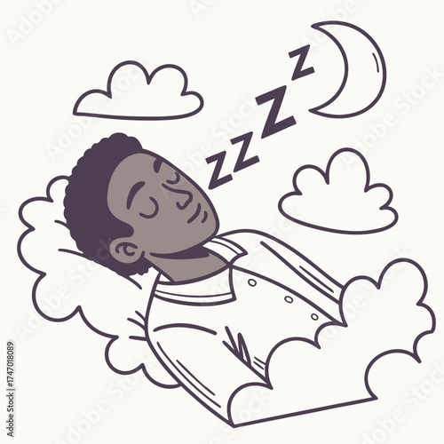 Man sleeping on clouds with moon and zzz person