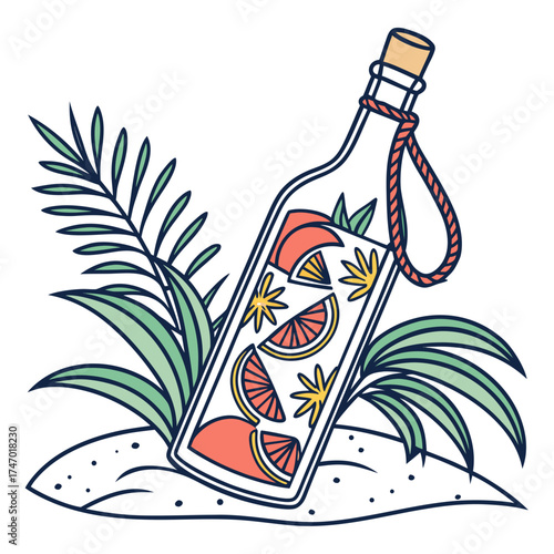 Message in a bottle with fruit and tropical leaves