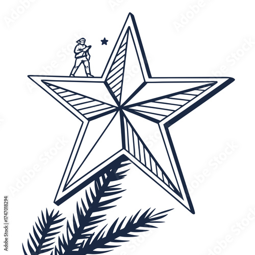 Minimalist dark blue star icon with person and pine needles