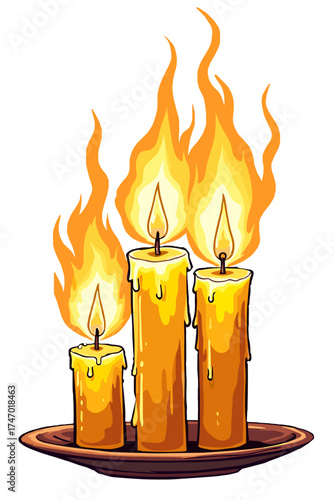 Burning beeswax candles, warm glow, artistic illustration, cozy atmosphere on a transparent background