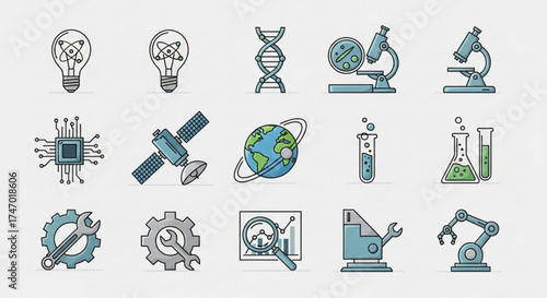 Science and technology icons representing scientific research, technological advancement, and innovation in various fields
