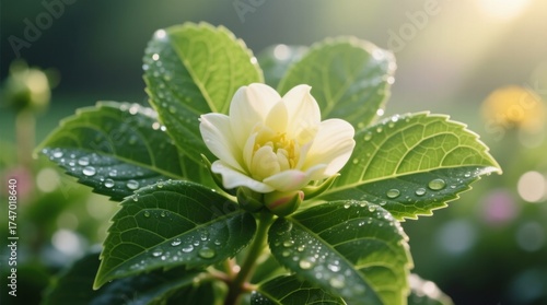  a white flower with water droplets on it, surrounded by lush green leaves The background is slightly blurred, giving the flower a sense of focus and prominence