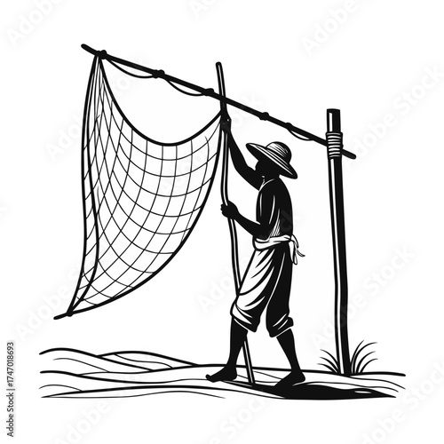 Fisherman Silhouette Illustration of Net Fishing on the Shoreline Vector Art on White Background