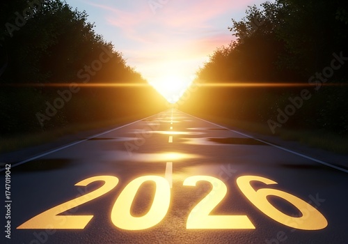 2026 Golden Numbers Painted on Highway Road Towards Sun Flare and Future