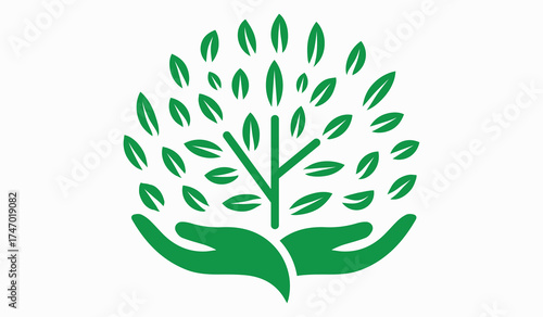 Minimalist  green tree with hand  and  Eco-friendly concept on White Background.