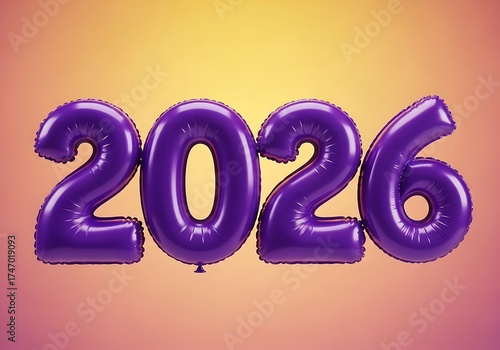 Purple Foil Balloon Numbers 2026 on Gradient Orange and Magenta Background