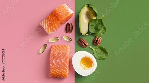  Healthy keto ingredients with salmon avocado egg and nuts on pink green background
