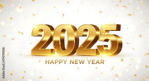 Happy New Year 2025 Golden 3D Numbers with Confetti and Bokeh on White Background