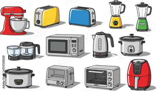A vibrant collection of modern kitchen appliances, including mixers, toasters, blenders, microwaves, and air fryers, all rendered in a clean, graphic illustration style