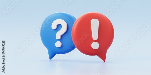 3D blue question mark and red exclamation mark speech bubbles